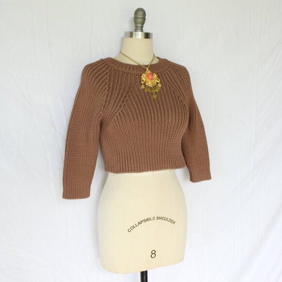ELISABETTA FRANCHI Maglia cropped brown dress sweater tunic top woven 42 us 6 - Picture 6 of 9